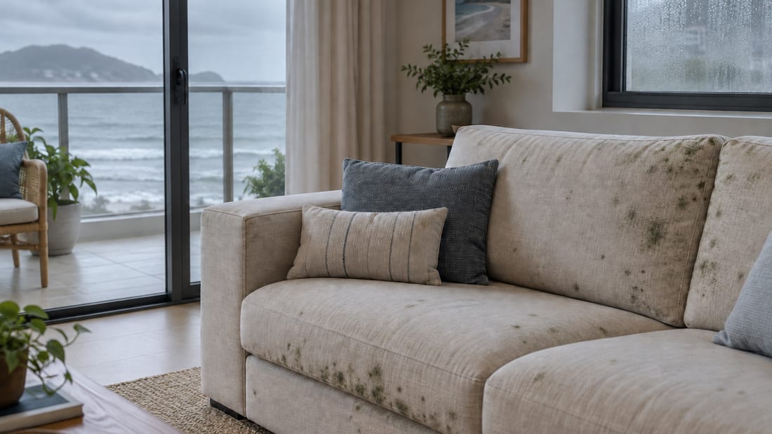 Sofá claro de tecido com manchas esverdeadas de mofo espalhadas pelo assento, encosto e braço, em sala de apartamento de praia com condensação na janela