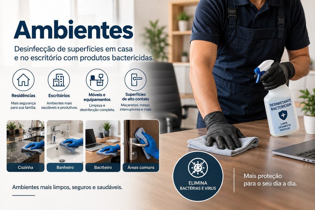 Desinfecção de ambientes: profissional uniformizado higienizando uma mesa de escritório com pano e desinfetante bactericida. Miniaturas mostram cozinha, banheiro, escritório e áreas comuns, e a peça destaca residências, escritórios, móveis e superfícies de alto contato como maçanetas, mesas e interruptores.